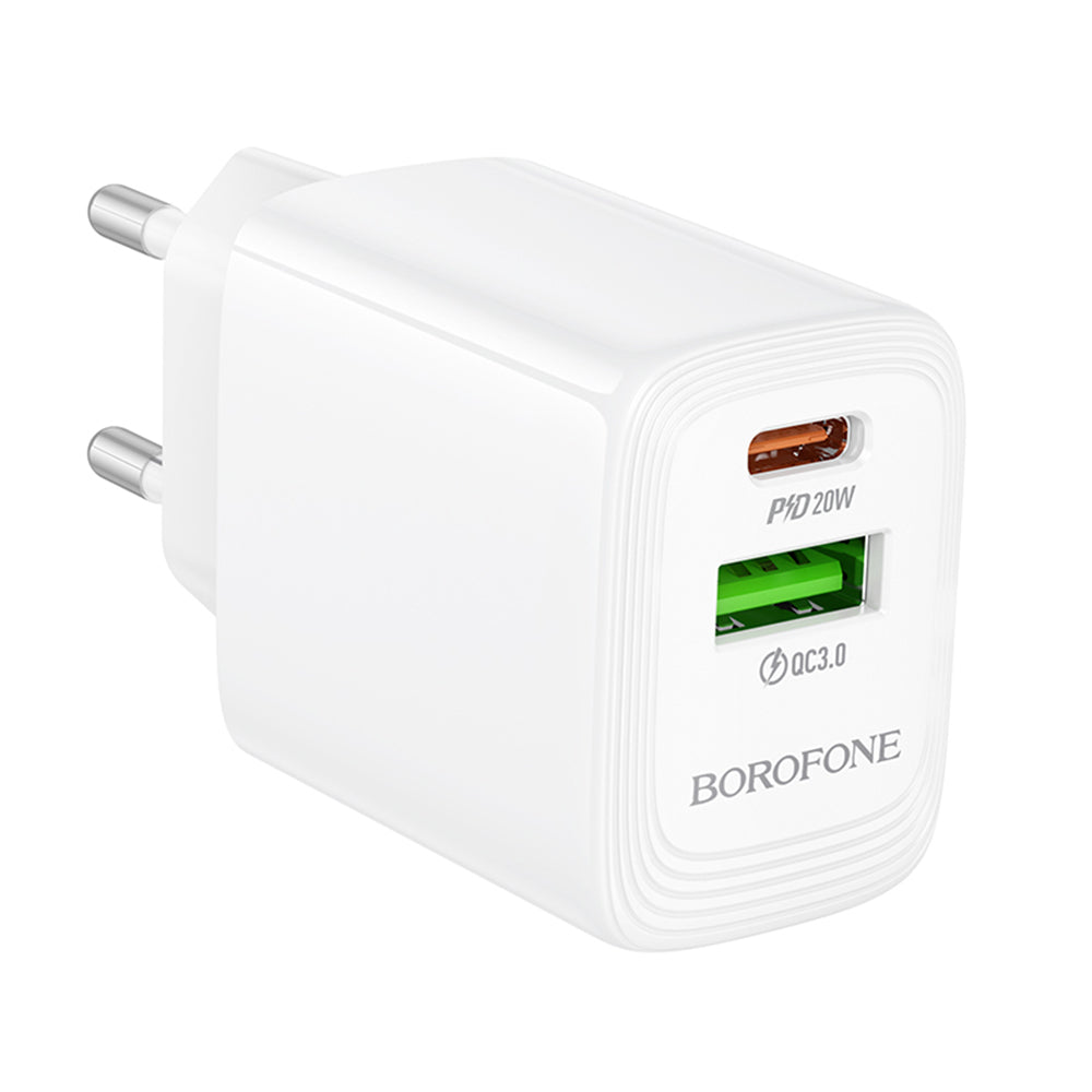 Cargador de Red Borofone BN27 Fuente, 20W, 3A, 1 x USB-A - 1 x USB-C, Blanco
