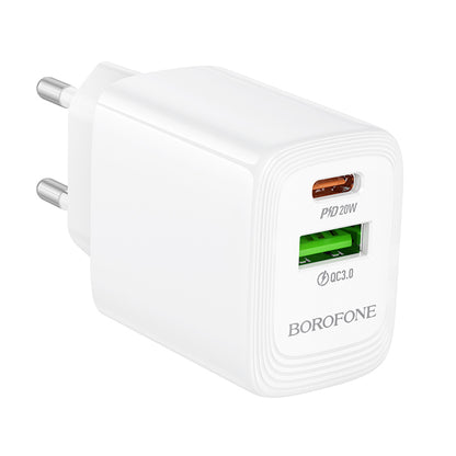 Cargador de Red Borofone BN27 Fuente, 20W, 3A, 1 x USB-A - 1 x USB-C, Blanco