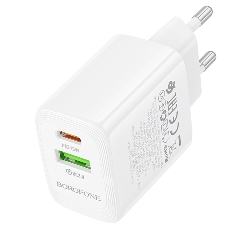 Cargador de Red Borofone BN27 Fuente, 20W, 3A, 1 x USB-A - 1 x USB-C, Blanco