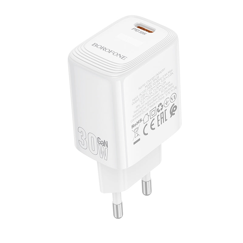 Cargador de Red Borofone BN28 Fuente, 30W, 3A, 1 x USB-C, Blanco