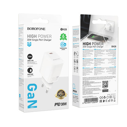 Cargador de Red Borofone BN28 Fuente, 30W, 3A, 1 x USB-C, Blanco