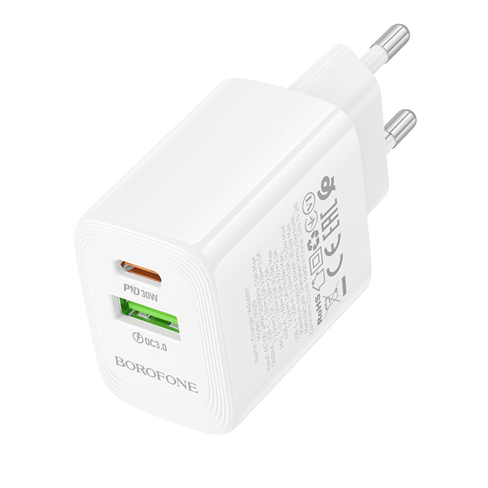 Cargador de Red Borofone BN29 Fuente, 30W, 3A, 1 x USB-A - 1 x USB-C, Blanco
