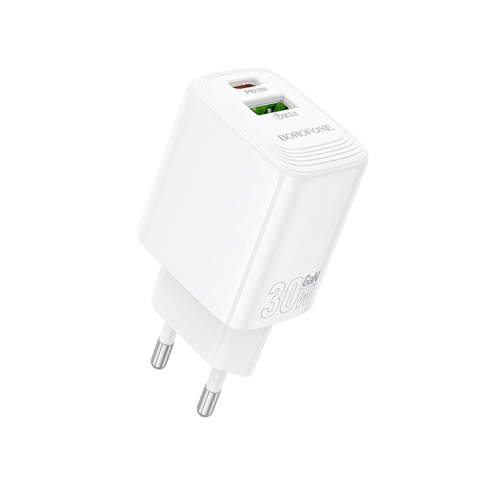 Cargador de Red Borofone BN29 Fuente, 30W, 3A, 1 x USB-A - 1 x USB-C, Blanco