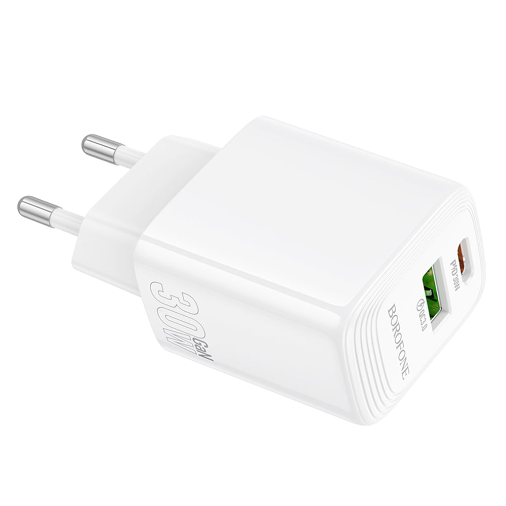 Cargador de Red Borofone BN29 Fuente, 30W, 3A, 1 x USB-A - 1 x USB-C, Blanco