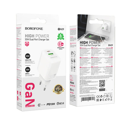 Cargador de Red Borofone BN29 Fuente, 30W, 3A, 1 x USB-A - 1 x USB-C, Blanco