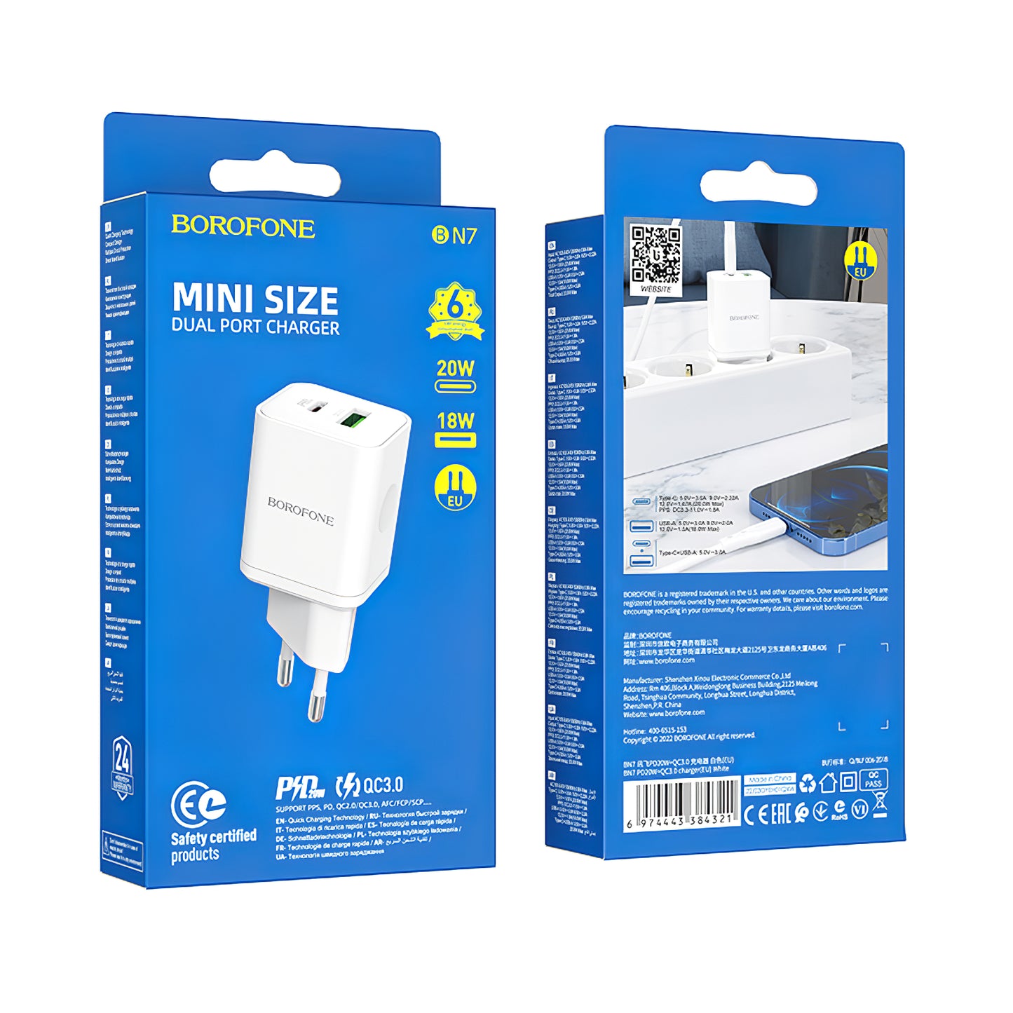 Cargador de red Borofone BN7, 20W, 3A, 1 x USB-A - 1 x USB-C, Blanco 