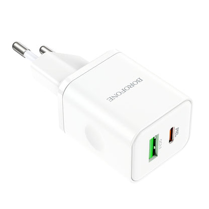 Cargador de red Borofone BN7, 20W, 3A, 1 x USB-A - 1 x USB-C, Blanco 