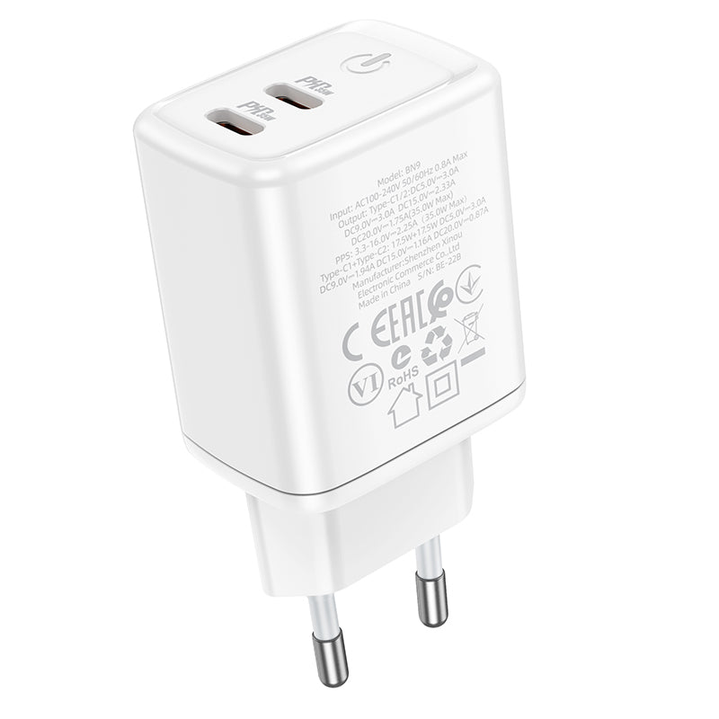 Cargador de red Borofone BN9, 35W, 3A, 2 x USB-C, Blanco 