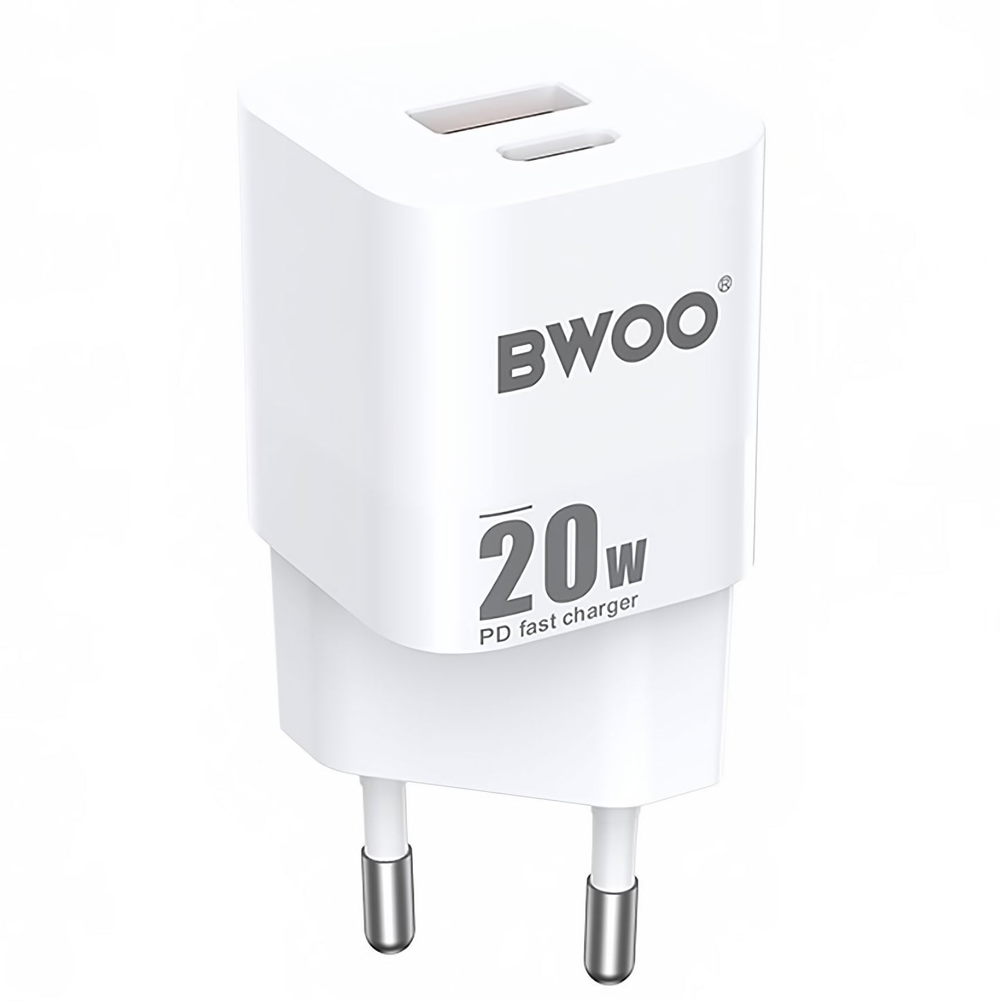 Cargador de red BWOO BO-CDA156, 20 W, 3 A, 1 x USB-A - 1 x USB-C, Blanco 