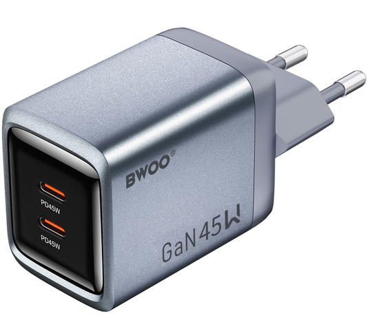 Cargador de red BWOO BO-CDA239, 45W, 3A, 2 x USB-C, Gris