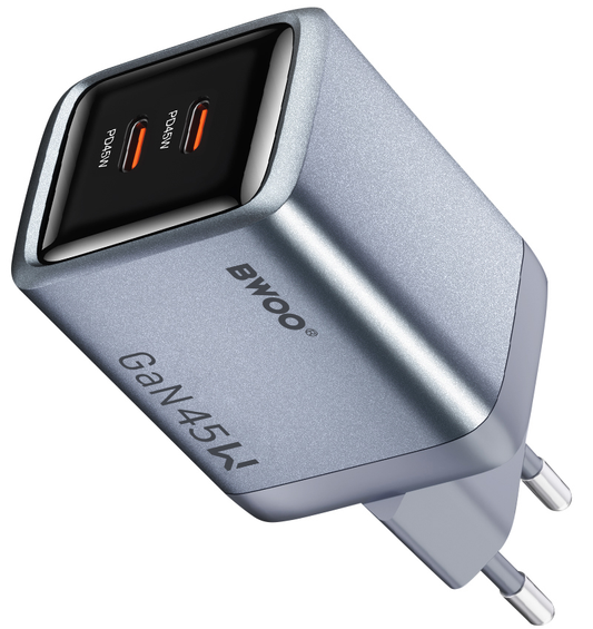 Cargador de red BWOO BO-CDA239, 45W, 3A, 2 x USB-C, Gris