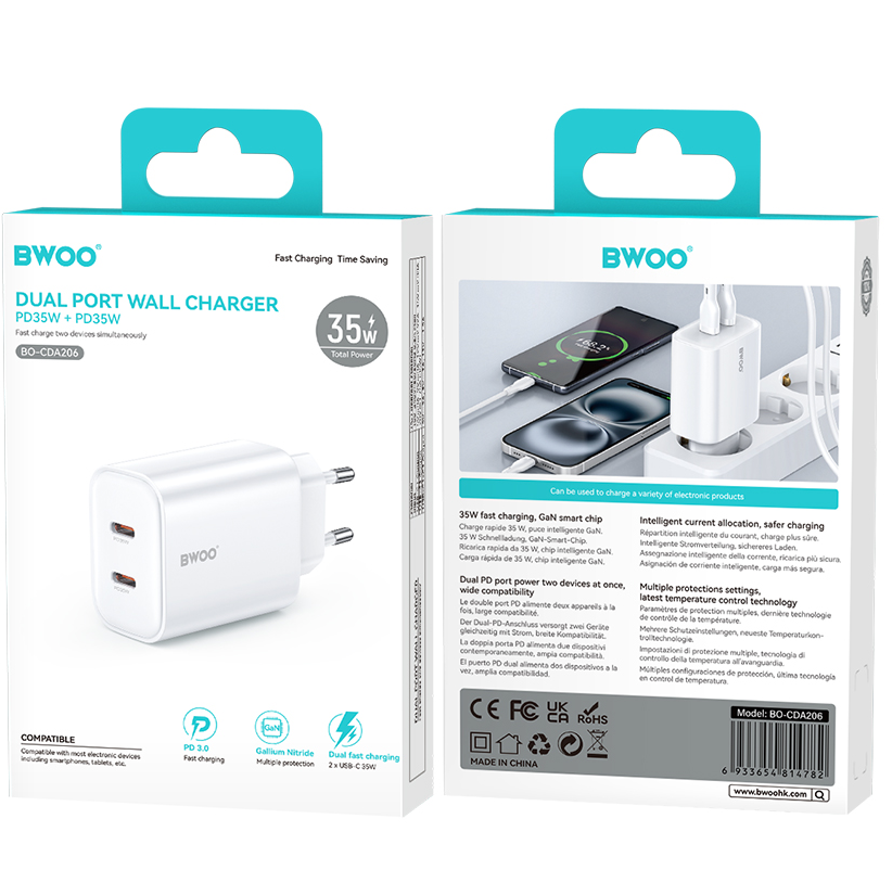 Cargador de Red BWOO CDA206, 35W, 3A, 2 x USB-C, Blanco