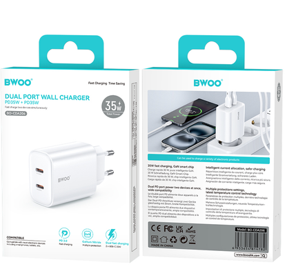 Cargador de Red BWOO CDA206, 35W, 3A, 2 x USB-C, Blanco