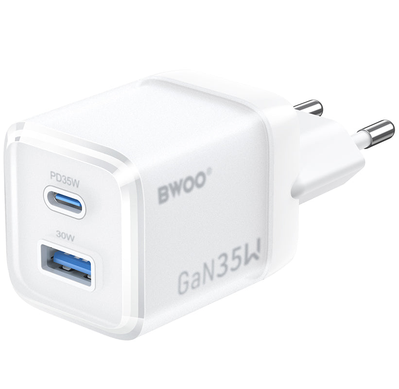 Cargador de Red BWOO CDA222, 35W, 3A, 1 x USB-A - 1 x USB-C, Blanco