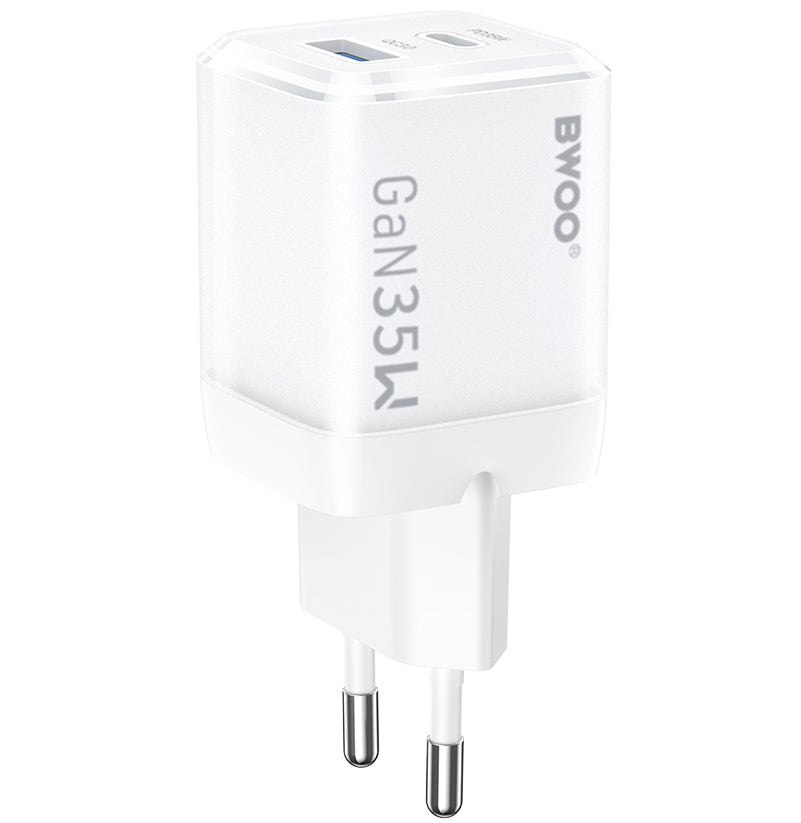 Cargador de Red BWOO CDA222, 35W, 3A, 1 x USB-A - 1 x USB-C, Blanco