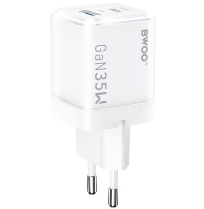 Cargador de Red BWOO CDA222, 35W, 3A, 1 x USB-A - 1 x USB-C, Blanco
