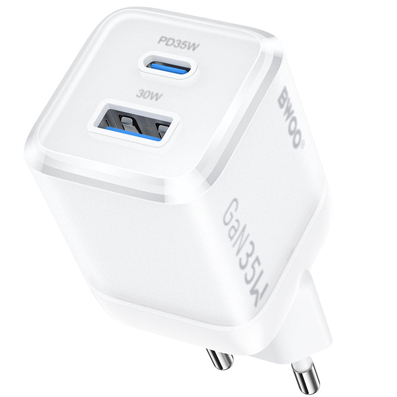 Cargador de Red BWOO CDA222, 35W, 3A, 1 x USB-A - 1 x USB-C, Blanco