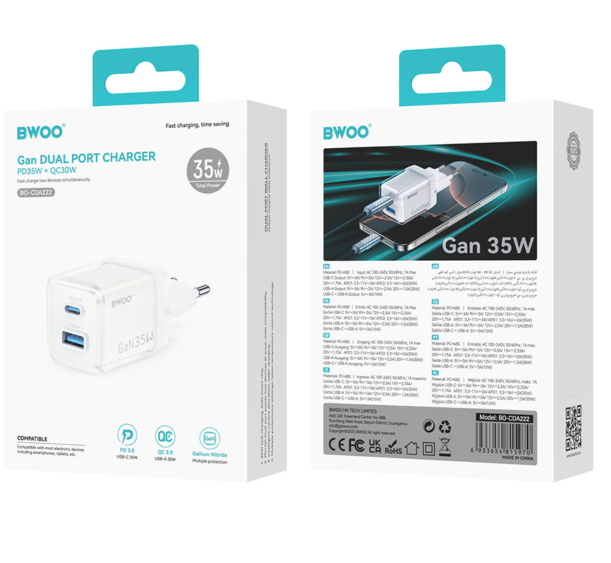 Cargador de Red BWOO CDA222, 35W, 3A, 1 x USB-A - 1 x USB-C, Blanco