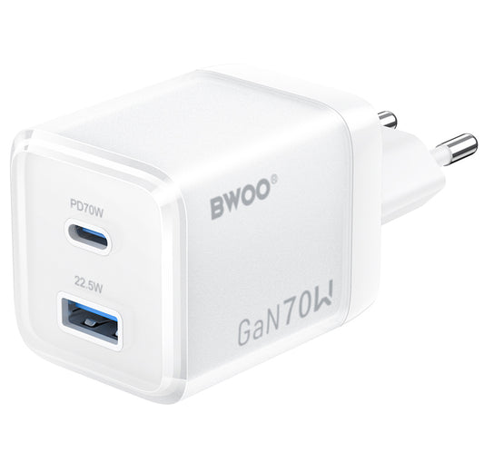 Cargador de Red BWOO CDA224, 70W, 3.25A, 1 x USB-A - 1 x USB-C, Blanco