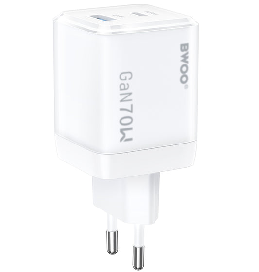 Cargador de Red BWOO CDA224, 70W, 3.25A, 1 x USB-A - 1 x USB-C, Blanco