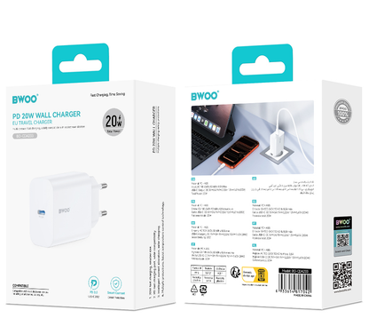 Cargador de Red BWOO CDA233, 20W, 3A, 1 x USB-C, Blanco