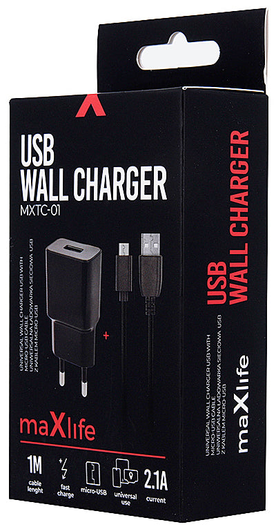 Cargador de red MaXlife MXTC-01 con cable microUSB, 10,5 W, 2,1 A, 1 x USB-A, negro