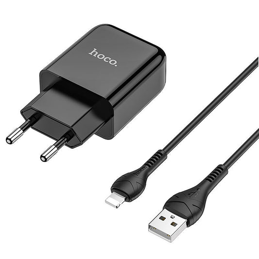 Cargador de Red con Cable Lightning HOCO N2, 10W, 2A, 1 x USB-A, Negro