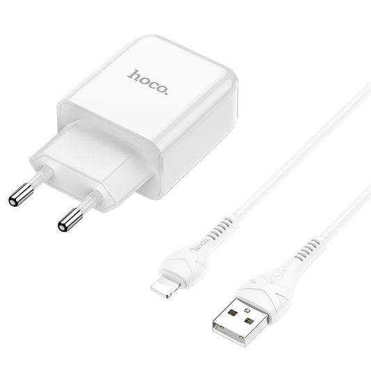 Cargador de Red con Cable Lightning HOCO N2, 10W, 2A, 1 x USB-A, Blanco