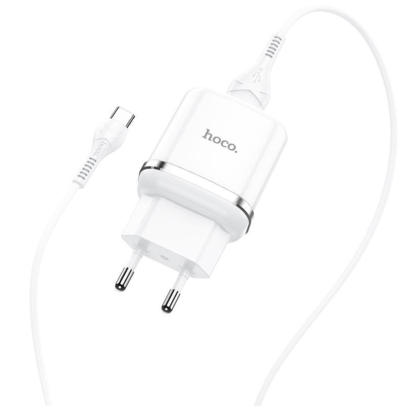 Cargador de red con cable USB-C HOCO N3, 18W, 3A, 1 x USB-A, Blanco