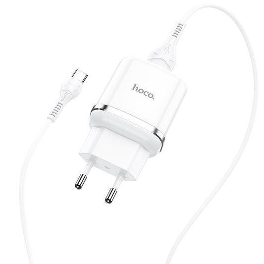 Cargador de red con cable USB-C HOCO N3, 18W, 3A, 1 x USB-A, Blanco