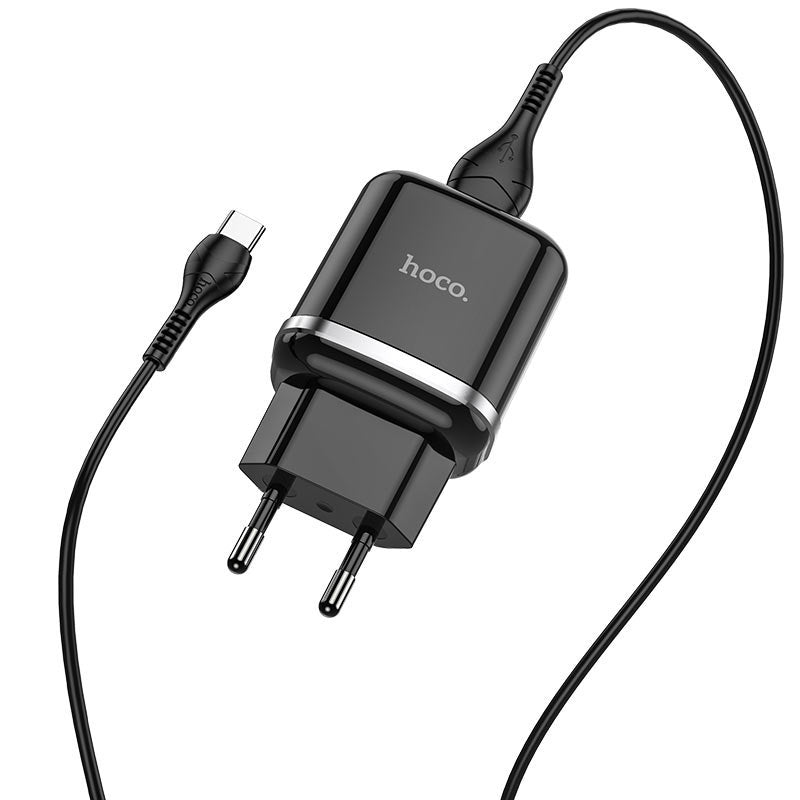 Cargador de red con cable USB-C HOCO N3, 18W, 3A, 1 x USB-A, Negro