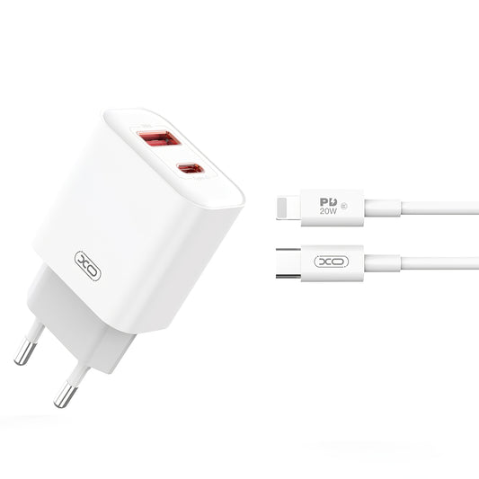 Cargador de red con cable Lightning XO Design CE12, 20W, 3A, 1 x USB-A - 1 x USB-C, Blanco 