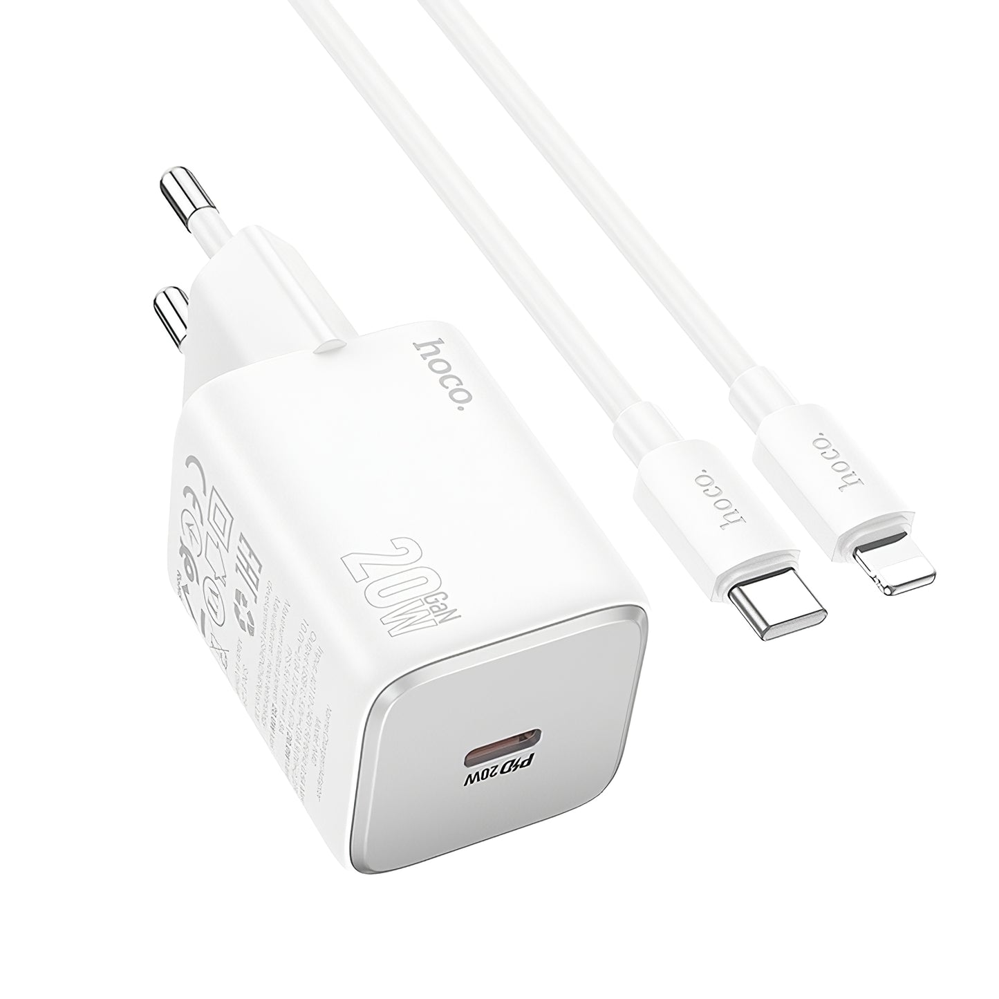 Cargador de Red con Cable Lightning HOCO N40, 20W, 3A, 1 x USB-C, Blanco