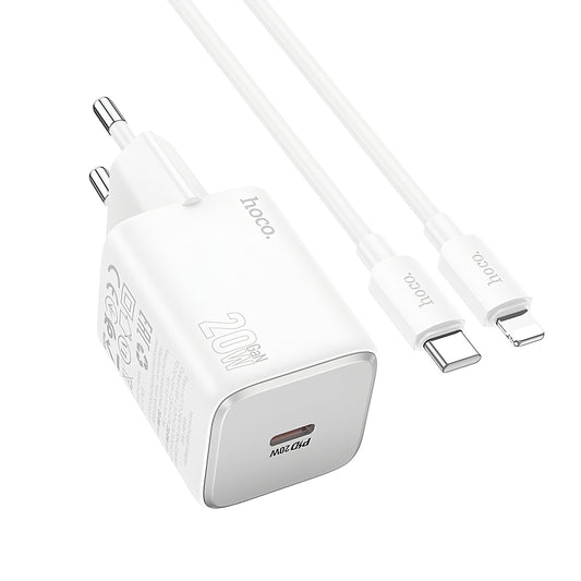 Cargador de Red con Cable Lightning HOCO N40, 20W, 3A, 1 x USB-C, Blanco