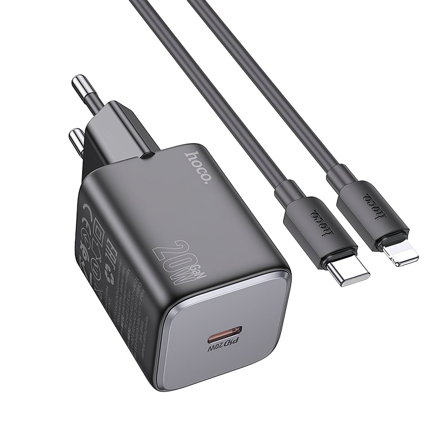 Cargador de red con cable Lightning HOCO N40, 20W, 3A, 1 x USB-C, Negro 