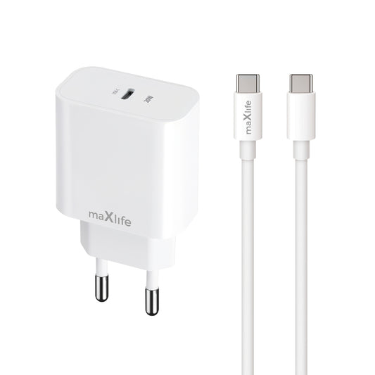 Cargador de Red con Cable USB-C MaXlife MXTC-06-20C, 20W, 3A, 1 x USB-C, Blanco