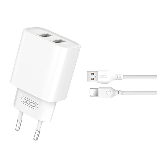 Cargador de red con cable Lightning XO Design CE02C, 10,5 W, 2,1 A, 2 x USB-A, blanco 