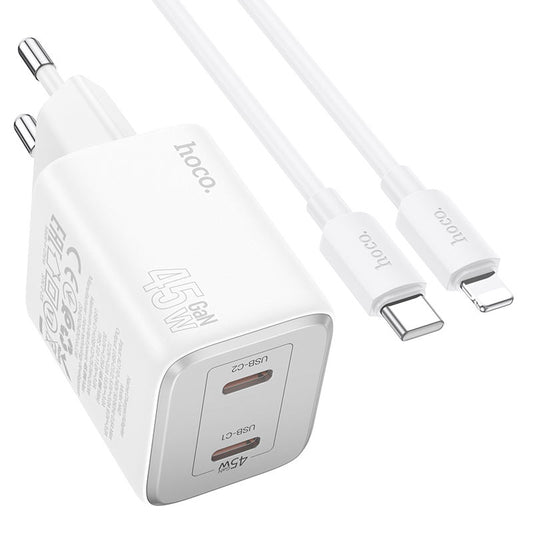 Cargador de red con cable Lightning HOCO N42, 45W, 3A, 2 x USB-C, Blanco 