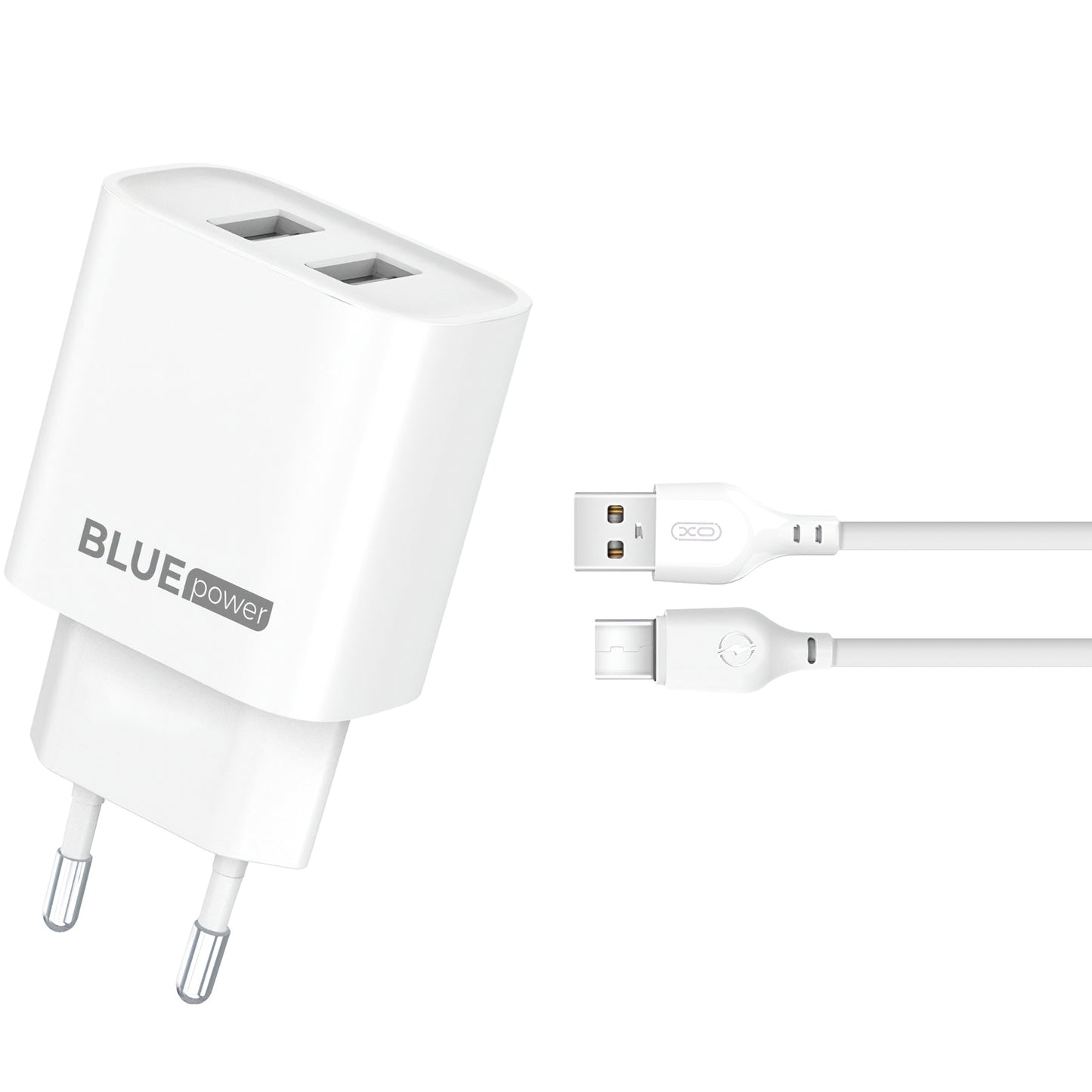 Blue Power BPCE02C Cargador de red con cable USB-C BPCE02C, 10,5 W, 2,1 A, 2 x USB-A, blanco