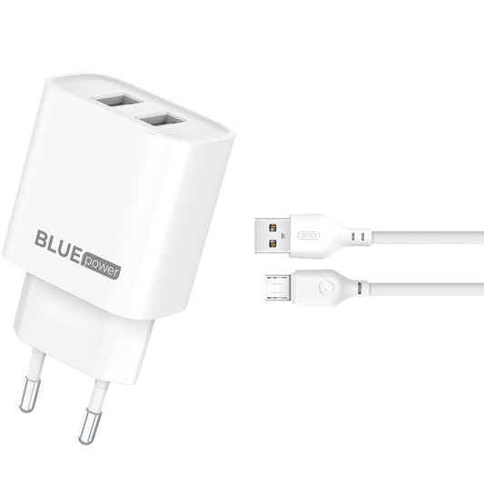 Cargador de red Blue Power BPCE02M con cable microUSB BPCE02M, 10,5 W, 2,1 A, 2 x USB-A, blanco 