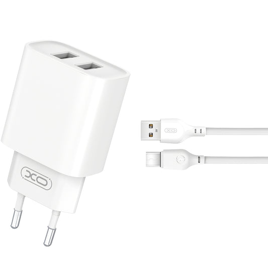 XO Design XO Design BPCE02C Cargador de red con cable USB-C, 10,5 W, 2,1 A, 2 x USB-A, Blanco 