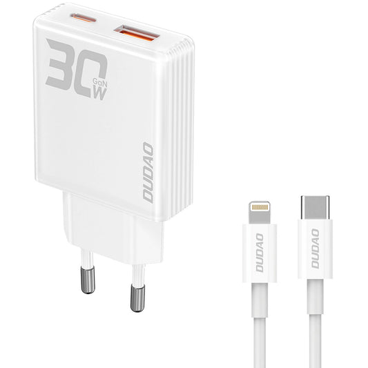 Dudao A30EUL Cargador de red con cable Lightning, 30W, 3A, 1 x USB-A - 1 x USB-C, Blanco 