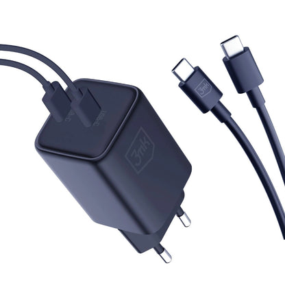 Cargador de red 3MK HyperCharger con cable USB-C, 45 W, 3 A, 2 x USB-C, negro 