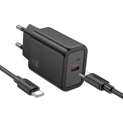 Cargador de Red con Cable USB-C HOCO N60, 20W, 3A, 1 x USB-C, Negro