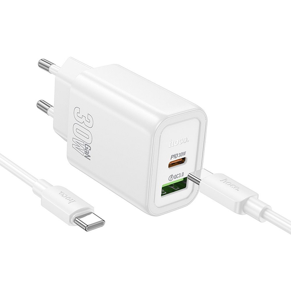 Cargador de Red con Cable USB-C HOCO N63, 30W, 3A, 1 x USB-A - 1 x USB-C, Blanco