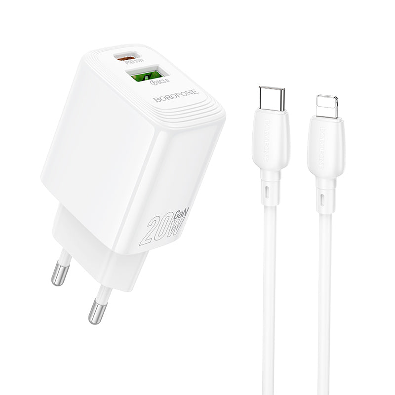 Cargador de Red con Cable Lightning Borofone BN27 Fuente, 20W, 3A, 1 x USB-A - 1 x USB-C, Blanco