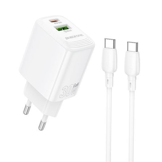 Cargador de Red con Cable USB-C Borofone BN29 Fuente, 30W, 3A, 1 x USB-A - 1 x USB-C, Blanco