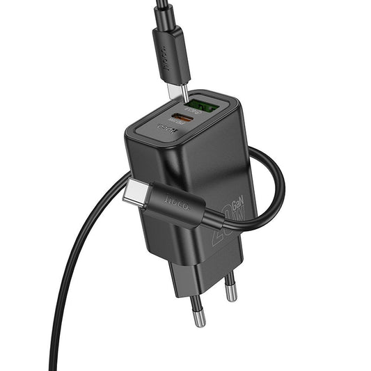Cargador de Red con Cable Lightning HOCO N61, 20W, 3A, 1 x USB-A - 1 x USB-C, Negro