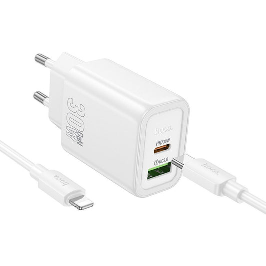 Cargador de Red con Cable Lightning HOCO N63, 30W, 3A, 1 x USB-A - 1 x USB-C, Blanco