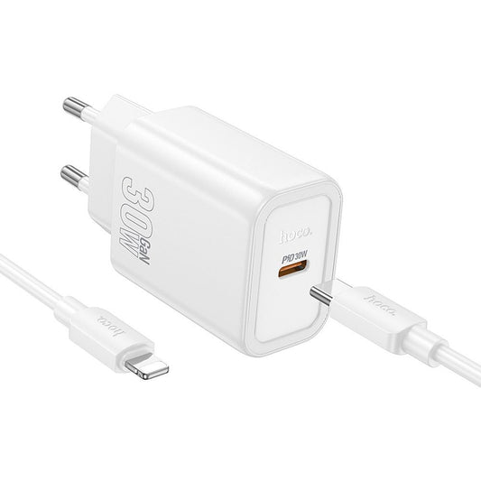 Cargador de Red con Cable Lightning HOCO N62, 30W, 3A, 1 x USB-C, Blanco